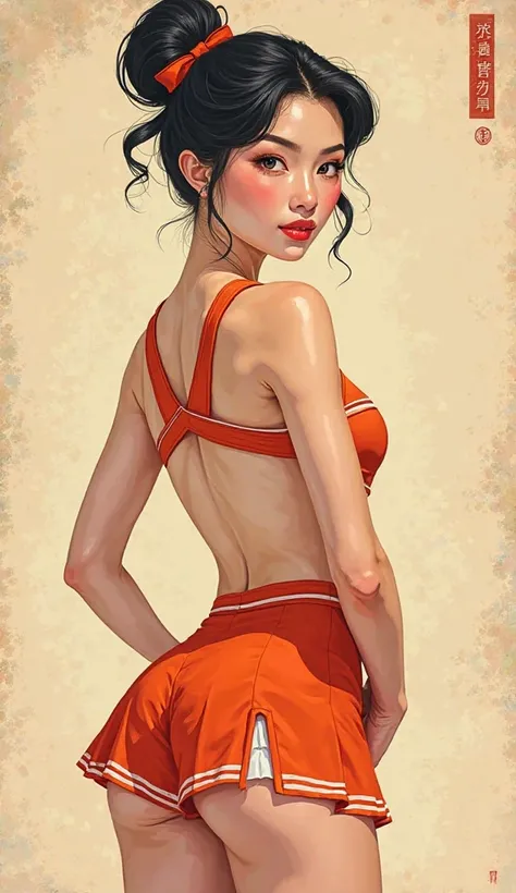 concept art. Beautiful and sexy Chinese cheerleader.  pin-up concept art from the 50s