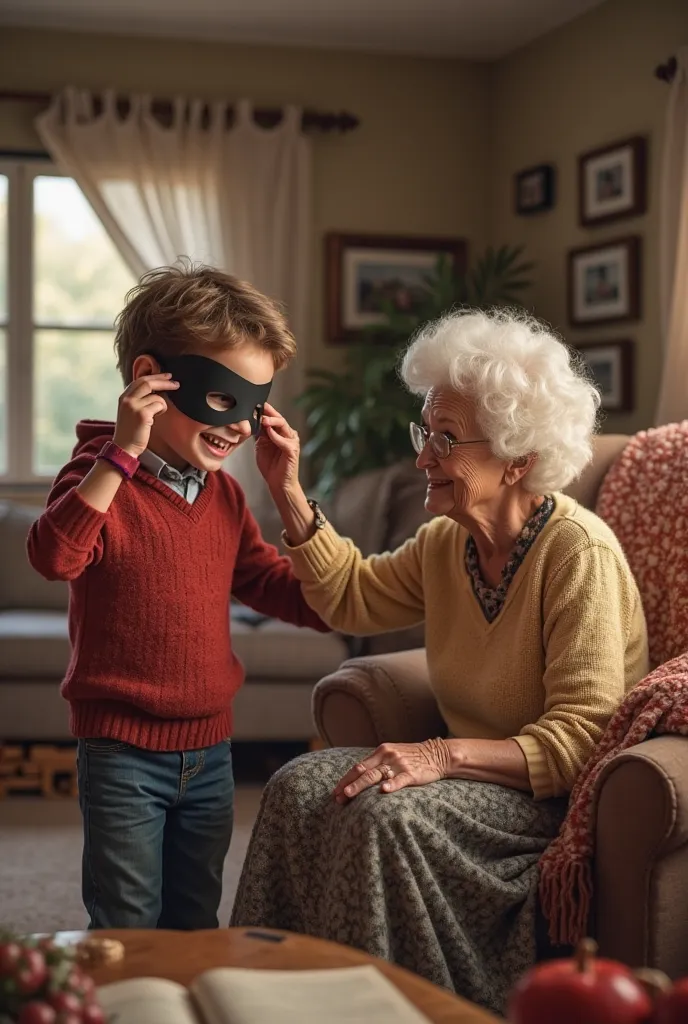 Create a boy with his grandmother trying to put on a spy mask 