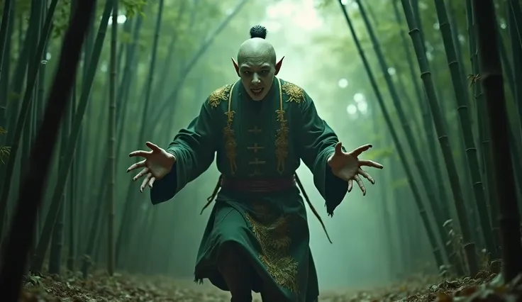 "a decaying, A parchment talisman with ancient symbols is glued to his forehead {x} green-skinned vampire ghost dressed in Qing Dynasty robes embroidered with golden dragons. His stiff, clawed hands are extended, and his pale lips separate to reveal,  yell...