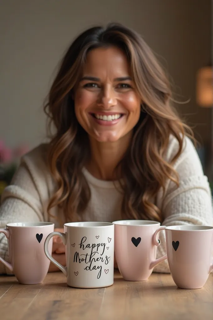 Debora Seco from Globo, showing a personalized mug written Happy Mother's Day and Hearts, on the table 4 mugs with black hearts, blurry ambient background