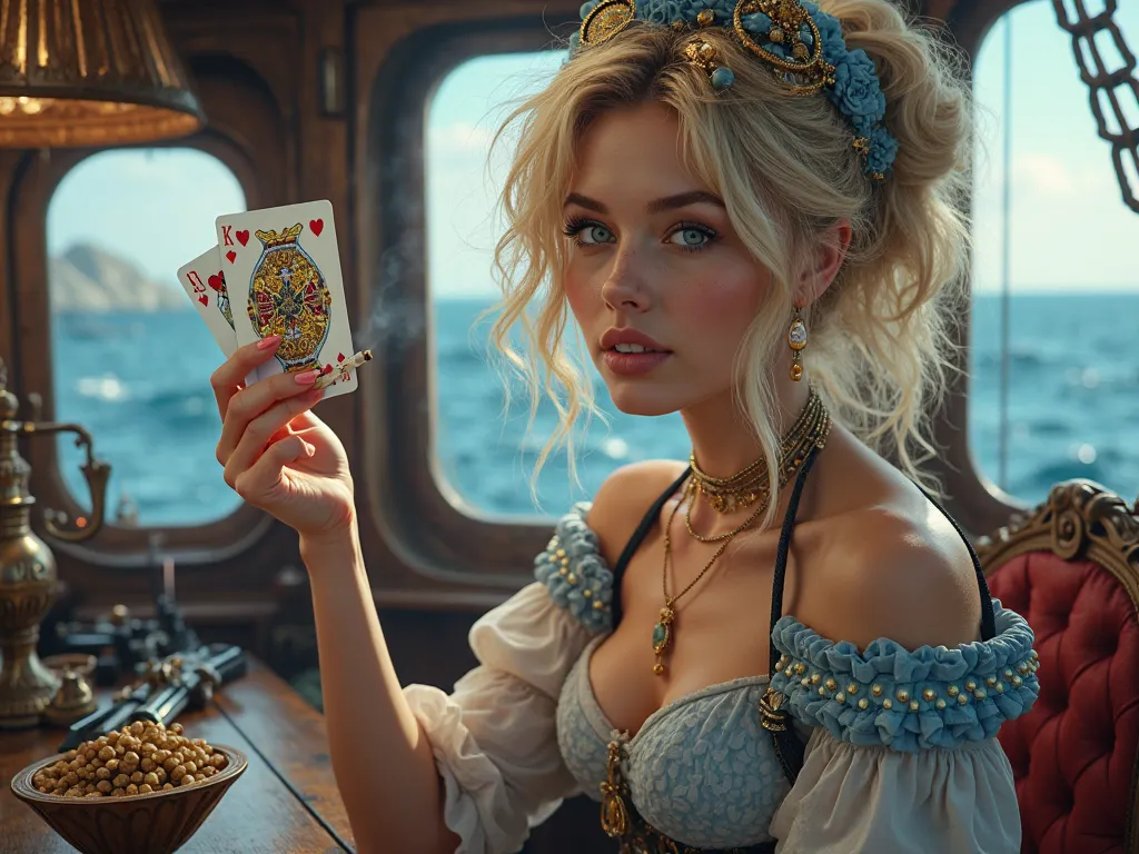 Beautiful woman with blonde wild hair, light blue eyes, in one hand with playing cards with golden ornament on the back. With blue ornaments on the clothes and steampunk accessory for head. She is in cabine on pirate  ship. Behind her is ship's window with...