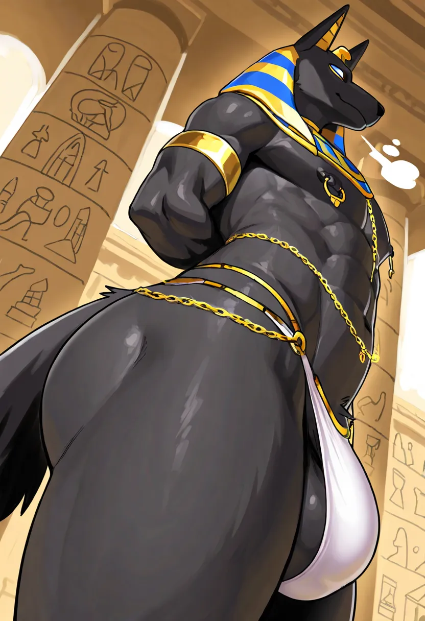 Highest quality,perfect anatomy,male anthropomorphic anubis wearing cute panties,white panties,black skin,big bulging crotch,furry,egyptian robe,femboy body,gay,egyptian temple,obscene language,egyptian outfit,nipple piercing,body chain,side view,white ste...