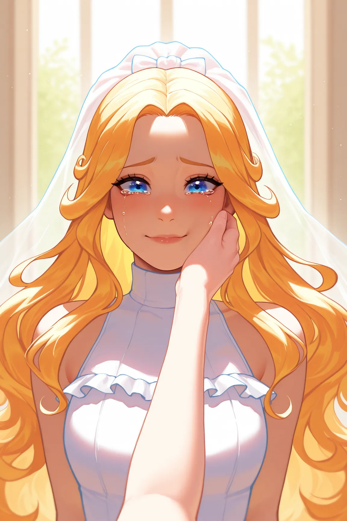 masterpiece, best quality, 1girl, solo,  NSHaleyStardew, long hair, blonde hair, blue eyes, wavy hair, happy tears, bridal veil, white dress, turtleneck dress, sleeveless, frills, ribbons, pov hand, hand on another's cheek