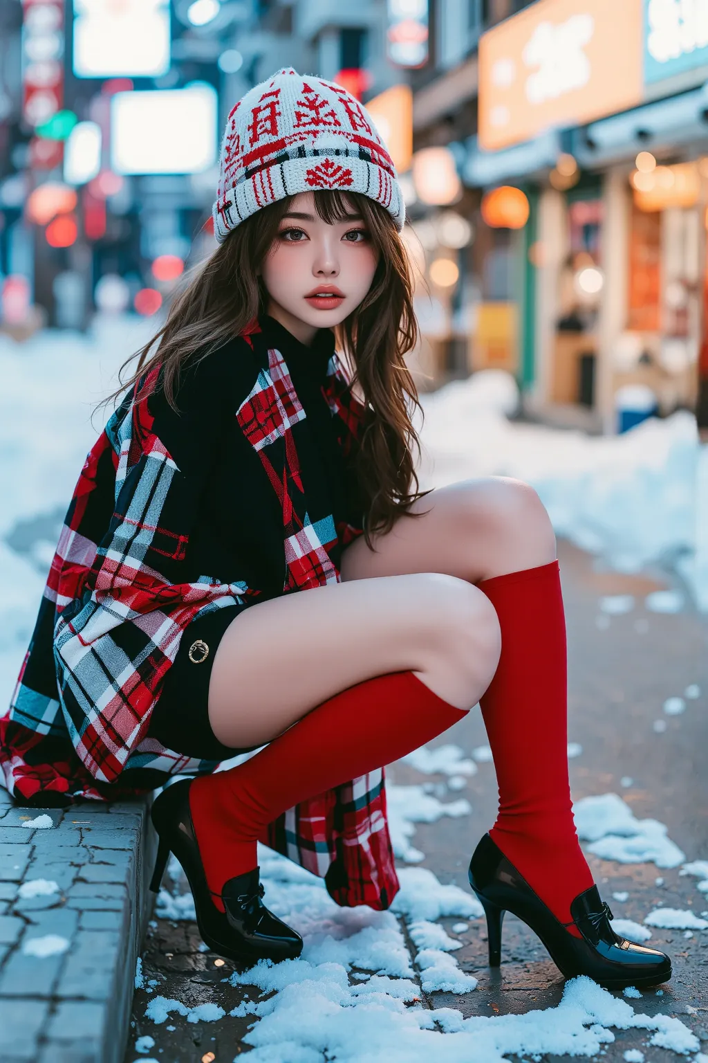 realisticlying、*********** girl、Close-up from the ground in high heels、Wear a knitted hat that emphasizes the buttocks a little larger、Wear plaid shorts、Breasts enlarged、Versatile sexy poses、Face smile、Hong Kong on Christmas Night