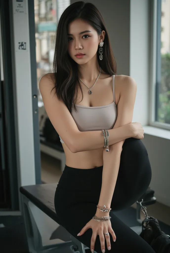  Picture of a beautiful Colombian dark-haired woman with white skin and hair. I'm wearing leggings. .   She has several earrings and bracelets . . The background is a gym .  full body shot