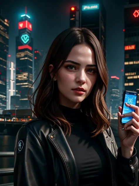 ((beautiful girl with cell phone in hand)), 4K, 8K, realistic, 4 cyberpunk 1, --v 4, --quality 2, detailed portrait of a young woman, intricate facial features, serious expression, holding a futuristic smartphone, neon-lit cyberpunk city backdrop, glowing ...