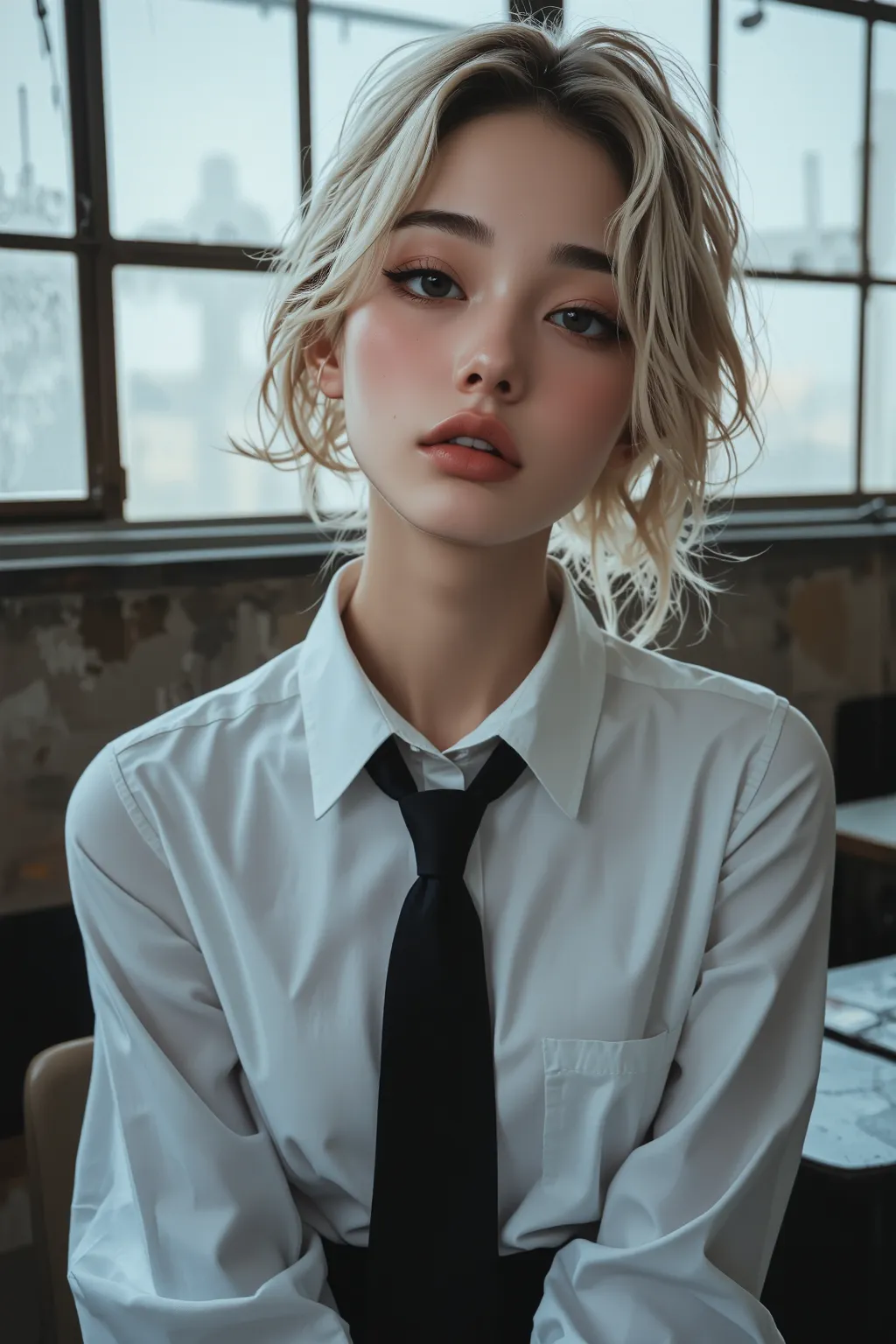 （masterpiece:1.2, highest quality), (highly detailed face, real image, delicate skin tone realistic skin, realistic body,woman１，Authentic bare white shirt with intricate details、ribbon、flare skirt, tie,school background，bright golden hair,messy hair,punk r...