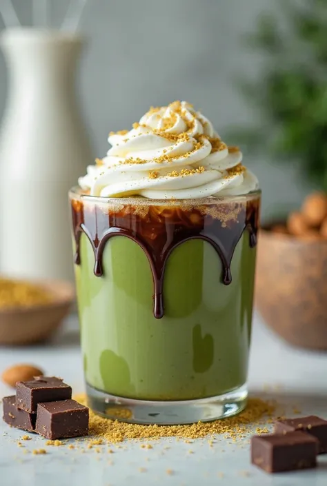 Generate an image of a matcha drink with chocolate, edible gold, Almond Milk, whipped cream 