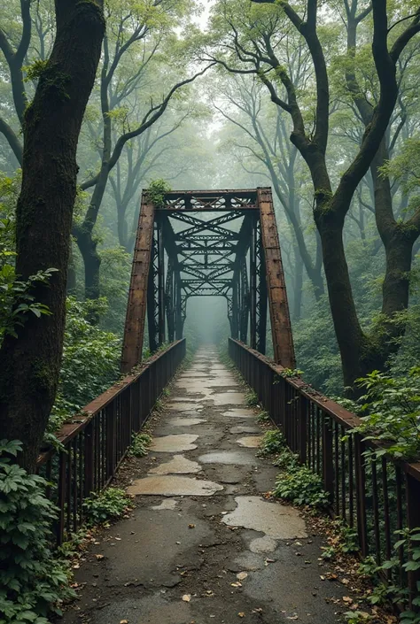 In a dense, post-apocalyptic forest, a prewar metal-frame bridge with a cement roadbed spans a narrow creek. The bridge’s steel beams are rusted and overgrown with ivy, while the cement surface is cracked and weathered. Surrounding the bridge, towering tre...