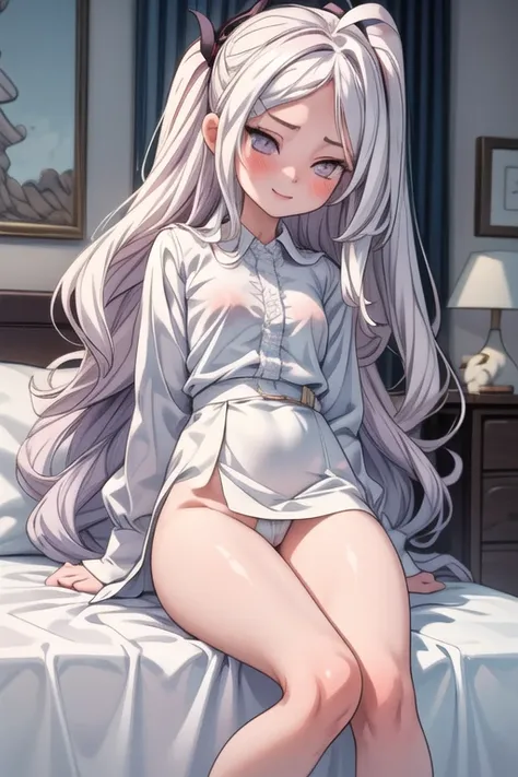 (masterpiece, best quality), 1 girl, Alone, 1 girl , beautiful face,white shirt, complicated details、 stand with your crotch open 、Looking up at the camera from below、 Sorazaki Hina、 White Long Hair 、smile、Lewd face、 phone that opens your eyes、lie down on ...