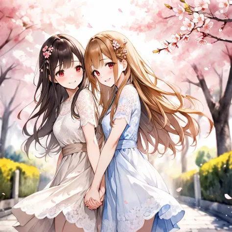 ultra realistic white lace dress、 red eyes、 Gold、Bronze Hair、long hair、flower hair ornament、watercolor画、watercolor、Blur color 、Cherry blossom trees、 Smile、 Sakurabuki、Overlook、is ashamed、turning、They're holding hands and spreading them over here