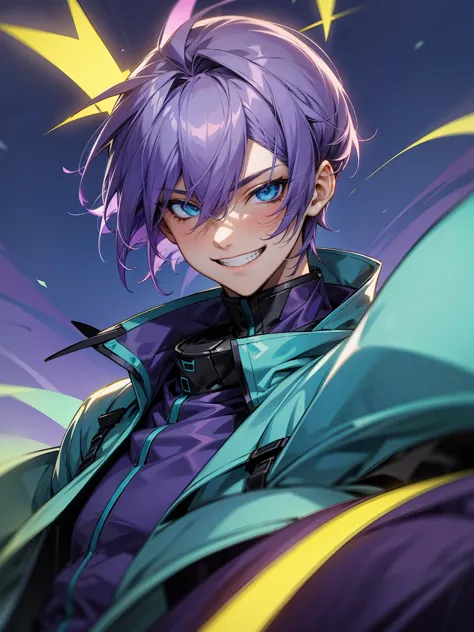 1male, Purple Hair With Grey Highlights, Short Hair, Cyan Blue Eyes, Neon Jacket, Night Time, Grin, Perfect Generation, Perfect Face