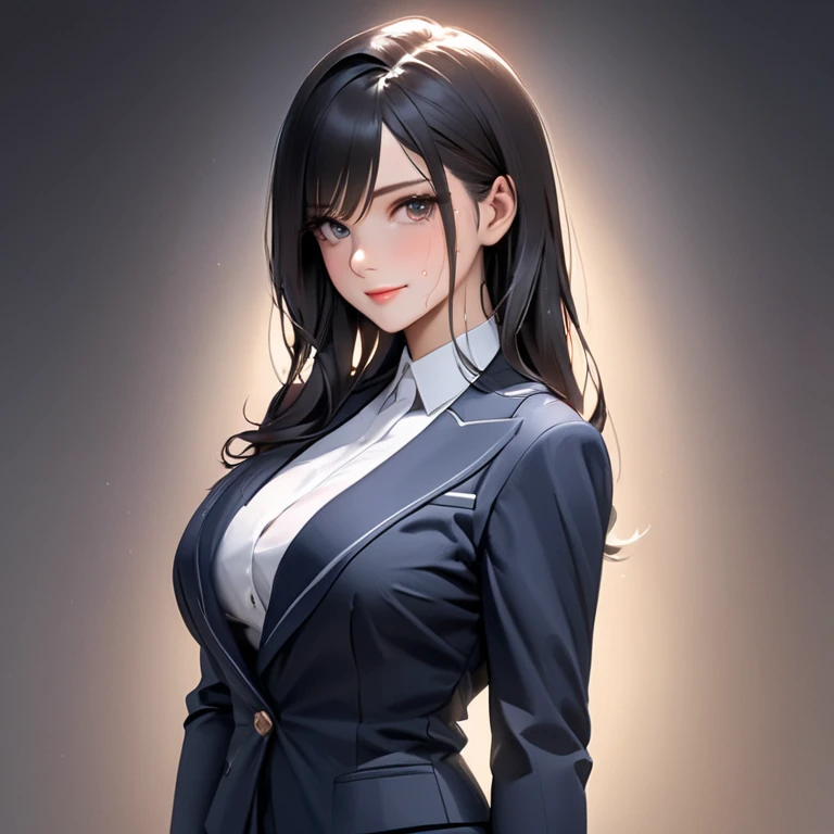 nsfw, sexy, large breast,damaged, Half naked, lots of sweat, A beautiful and intelligent young woman with a calm and confident expression, slightly smiling. She has long, silky black hair and sharp, captivating eyes. Dressed in an elegant yet modern busine...