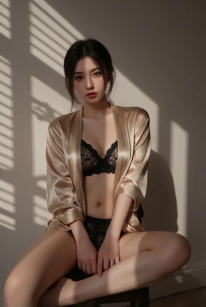 A woman poses in a minimalist environment, where intense light crosses a shutter, creating bands of shadow that draw geometric patterns on her skin. She wears an open silk blouse, revealing part of a delicate black lace lingerie, combining with the subtle ...