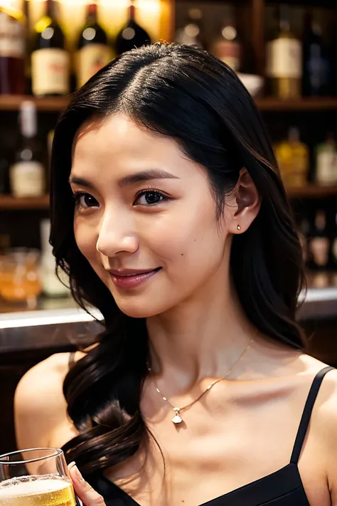 A sexy 35-year-old Japanese woman with an alluring gaze and a soft, teasing smile. Her long, wavy black hair cascades over her shoulders, with one strand gently tucked behind her ear. She wears a form-fitting black satin dress with a subtle slit, revealing...