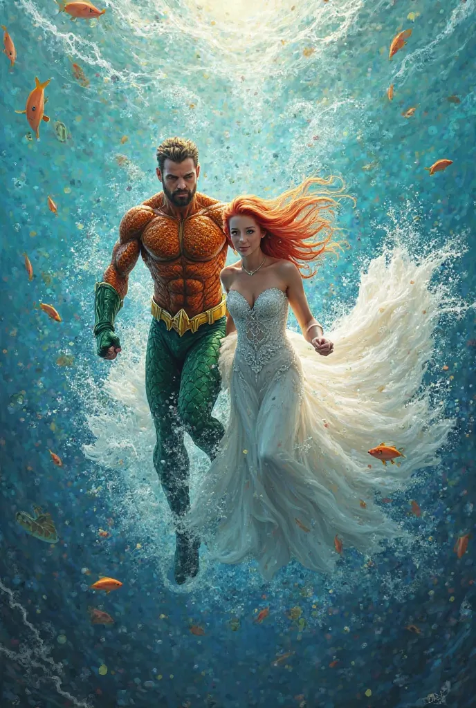 Aquaman running away with Ariel dressed as a wedding 