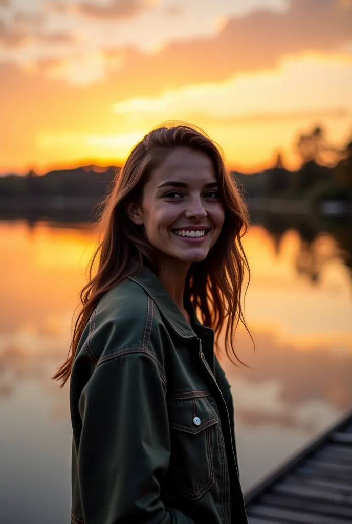 smiling woman standing on a dock with a lake in the background, a picture by Nándor Katona, instagram, happening, lake in the background, at the sunset, at a beautiful sunset, at sunset, karla ortiz, during a sunset, photo of young woman, taken in the earl...