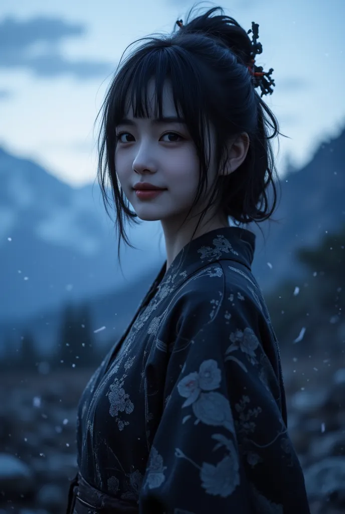  face remains the same,Keqingdef, upper body, smile, , outdoor, day, simple background, blue null,  short hair, null, temple, watching viewers, stage, Mountain, moody lighting, Face it,