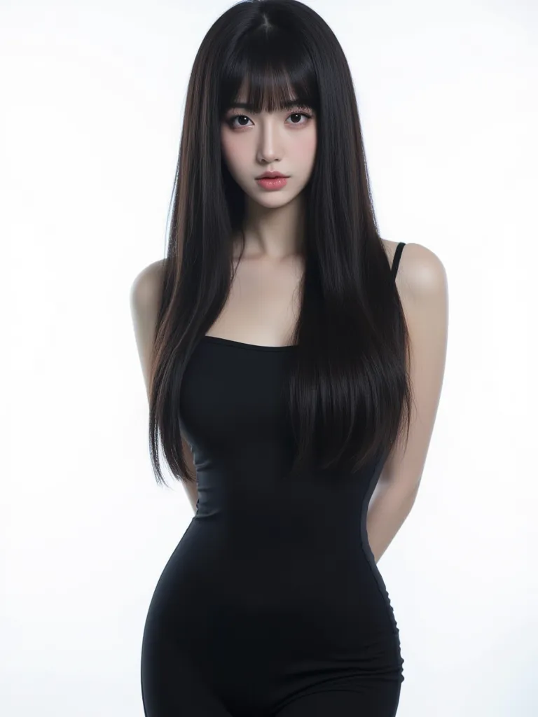 
A Chinese, long black haired girl with bangs, big boba like eyes, pretty mouth, stunning, alluring beauty, best visual ever, pale skin, unique visual, fierce look, realistic, hourglass body, white background, full body in frame, wearing black spy bodysuit...