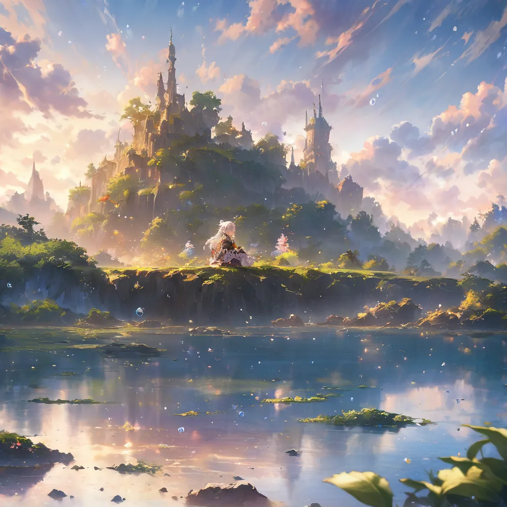 Highest quality、On a rock surrounded by bubbles and plants, anime fantasy illustration , Anime Fantasy Art , Beautiful Fantasy Anime, lake