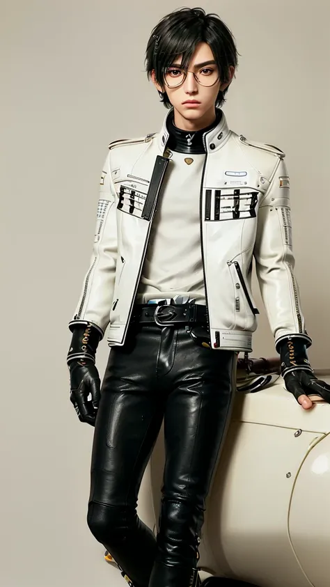 ((Final fantasy taste and reality graphics)), ((Japanese young cute and cool ikemen  boy)), his age is early 20s, thin eyebrows and beady eyes,, (((((boy wearing cream-white color thick leather and single-brest double zipper jacket))))), ,(((((jacket is vo...