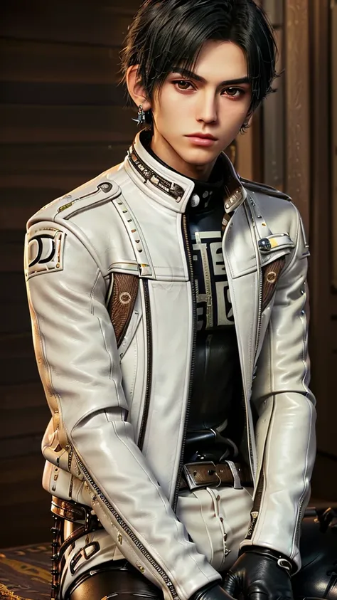 ((Final fantasy taste and reality graphics)), ((Japanese young cute and cool ikemen  boy)), his age is early 20s, thin eyebrows and beady eyes,, (((((boy wearing cream-white color thick leather and single-brest double zipper jacket))))), ,(((((jacket is vo...