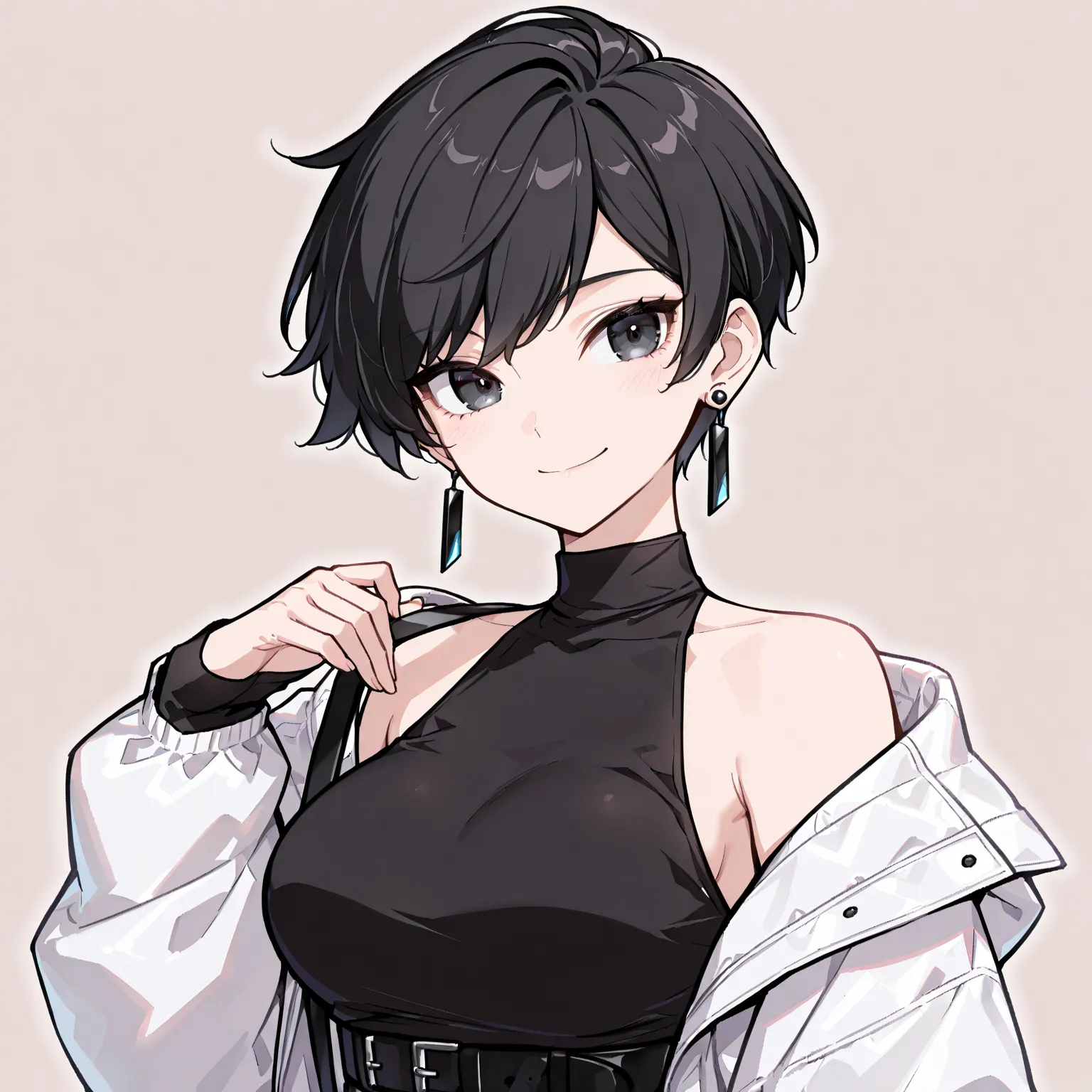 ((high image quality))、((high quality))、 super precise、simple background、(((1 girl)))、(20 year old female)、pixie cut、 black hair、 black eyes、sling、smile、earrings、white jacket、 normal breasts 、A woman with a good style、(upper body)