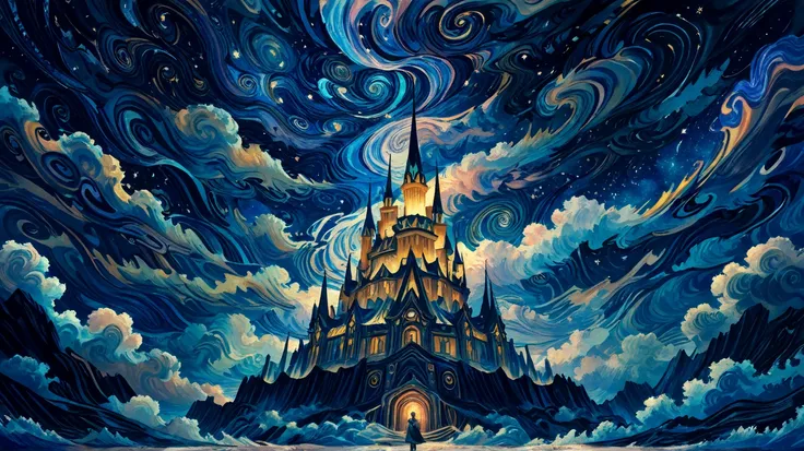 Van Goh style the starry night castle in the clouds at night