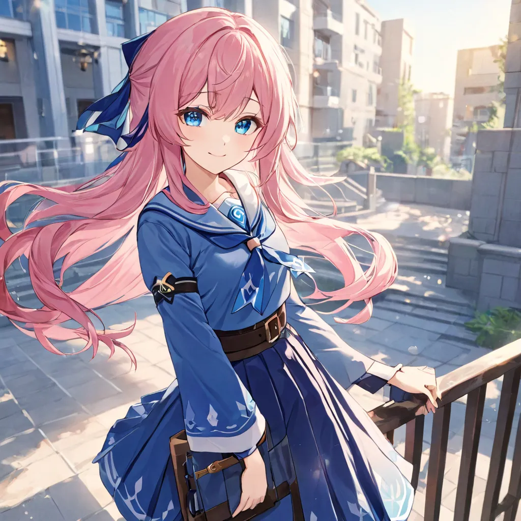 Masterpiece, score_9, score_8, score_7, citlali \(genshin impact\),1girl, Sailor_uniform, solo, long_hair, pleated_dress, blue_eyes, dress, blue_dress, outdoors, bangs, pink_hair, looking_at_viewer, closed_mouth, belt, ribbon, detached_sleeves, school_unif...