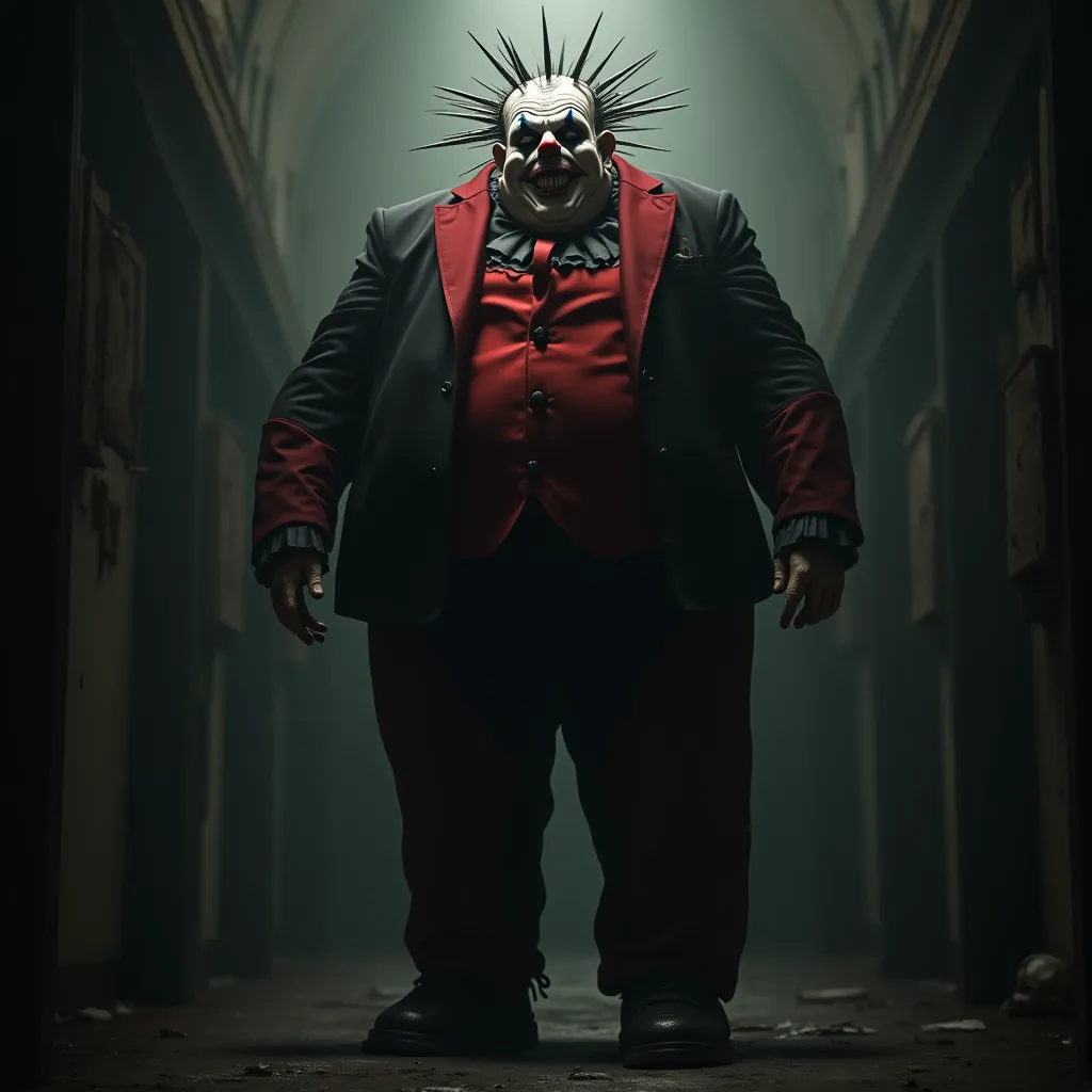 Generate a photo with a tall and overweight clown with metal spikes on his head and a black and red suit