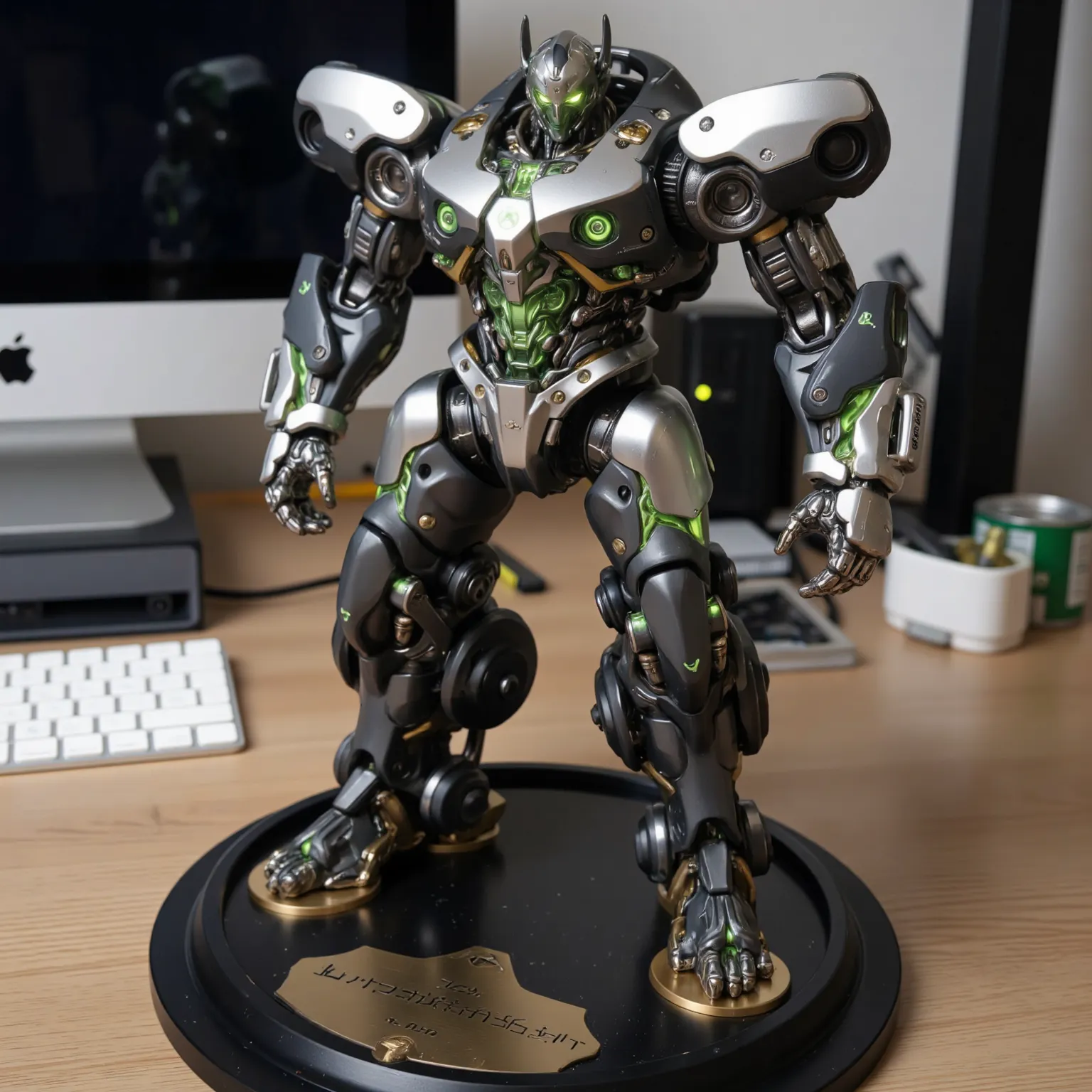 A hyper-realistic miniature transformer robot with a body inspired by an Xbox One console. The robot's torso mimics the sleek black and green design of the Xbox One, with a highly detailed futuristic digital interface on its chest. Its arms and legs seamle...