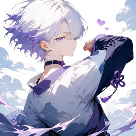 masterpiece, high score, great score, absurdres,
1boy ,dynamic pose,male focus, 20-yo, Kumoi Ether, upper body, toned,twink,white hair, side-parted, lilac highlights, hair over one eye,purple eyes, single purple earring,BREAK avant-garde japanese clothes,b...