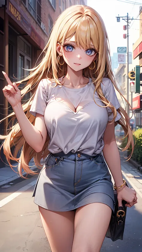  (long straight hair:1.8, blond with a big face),UHD, Roll up your sleeves ,   place your hands on your face,white shirt ,  gray skirt,  panties ,  Midnight ,  Outdoor Urban Environment  , natural light, Casual atmosphere ,  front view,    balanced exposur...