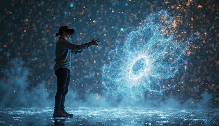 An interactive digital artwork where holographic pixels float mid-air, allowing people to sculpt them with hand gestures, forming dynamic 3D paintings in an immersive virtual reality environment