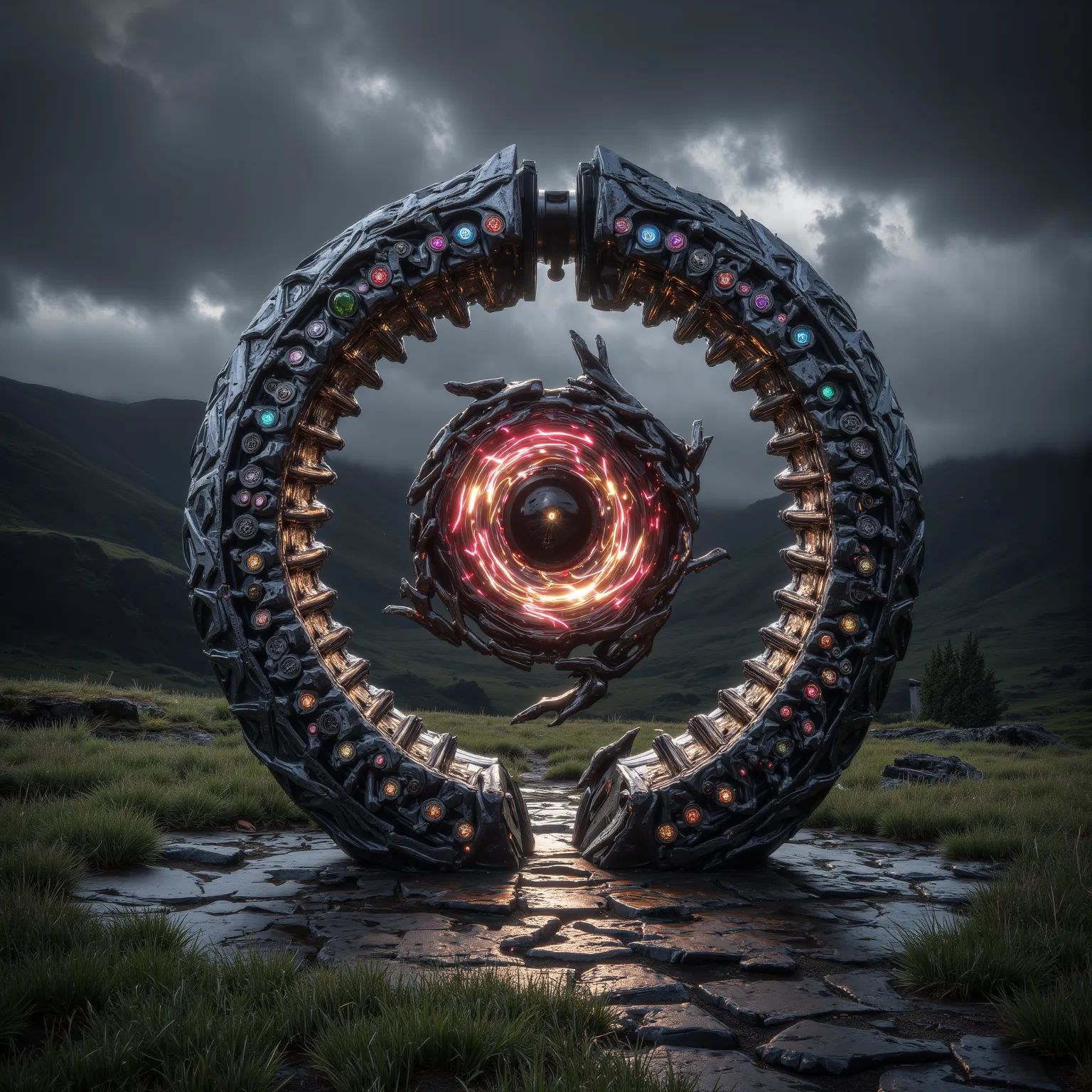 An ovoid vertical ring, shaped like a dragon eye, made of stones and gems set in a valley of stone and grass. Irish hillside feeling. Inside the ring is a swirling vortex resembling a dragon's eye. The vortex swirls with energy in reds and golds with a sli...