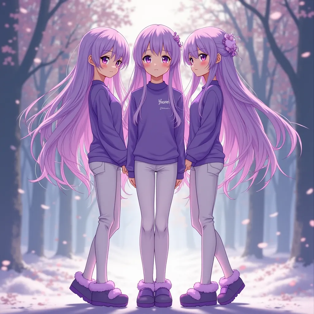 anime style, 3girls, full body front, standing, bare legs, light skin, purple long hair, purple eyes, purple shirts, white pants, purple fur shoes