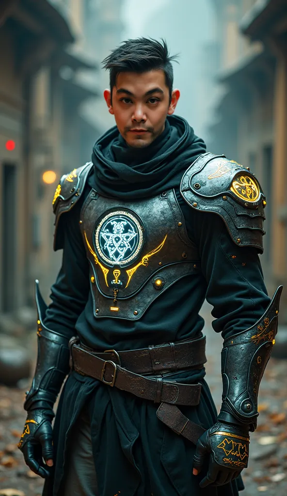 cyberpunk， wonderful battle scenes ， Chinese,   yellow skin, Middle Ages, adventurer,   Dark eyes ,Smile，wearing holographic transparent light armor， black上衣有发光的纹理符号，Grey leather pants，Wear holographic wrist braces ，Full body view，Vision，8k HD， official ar...