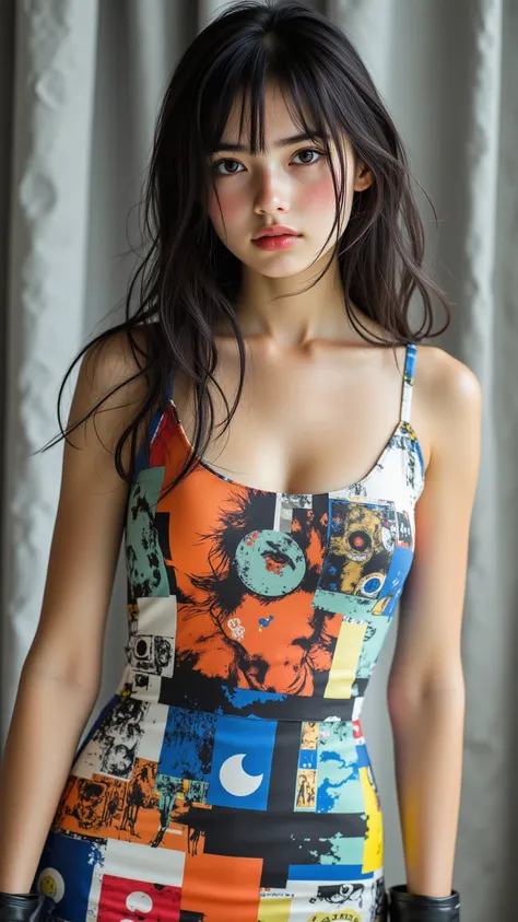 8k, masterpiece, Highest quality, 韓国の美しいwoman, close-up, Three Quarter View, woman,  with dark hair,  refined , Partially Pulled Back, Clear Eyes , Modest Lip Color,  serious expression, Vibrant Multicolor Mini Dress,  collage design , Cartoonish, Graphic ...