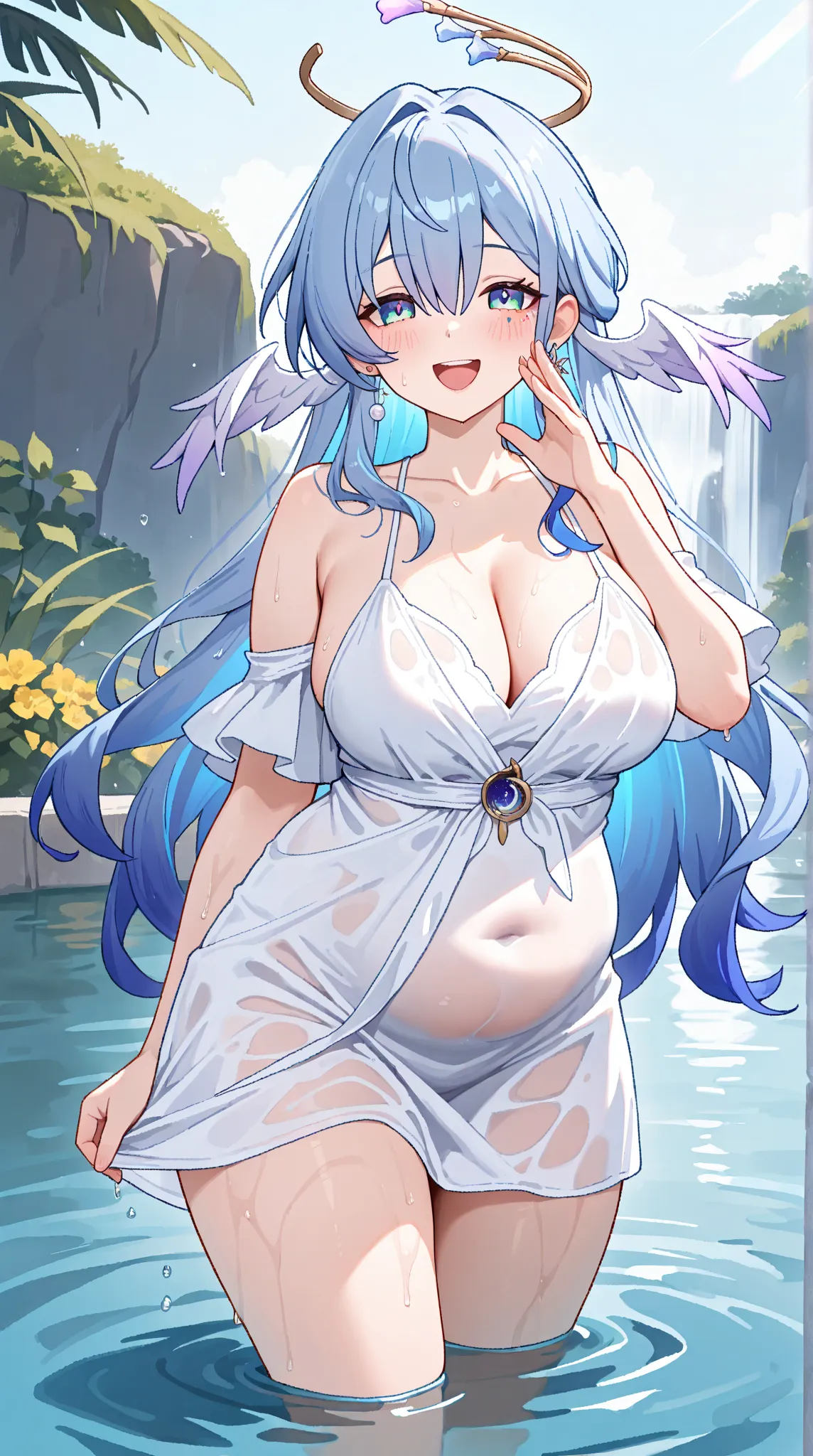 1 girl, solo, long hair, large breasts, looking at viewer, blush, blue eyes, hair between eyes,  thighs, green eyes, blue hair, cowboy shot, earrings, white dress,halo,  head wings, robin (honkai: star rail), laughing,front view,chubby,outdoors,wading,wet ...