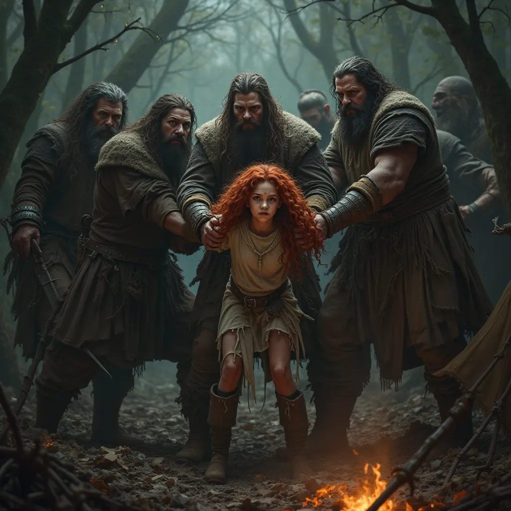 16-year-old girl with curly red hair being taken prisoner by 5 medieval thugs at a forest camp , Photo 4