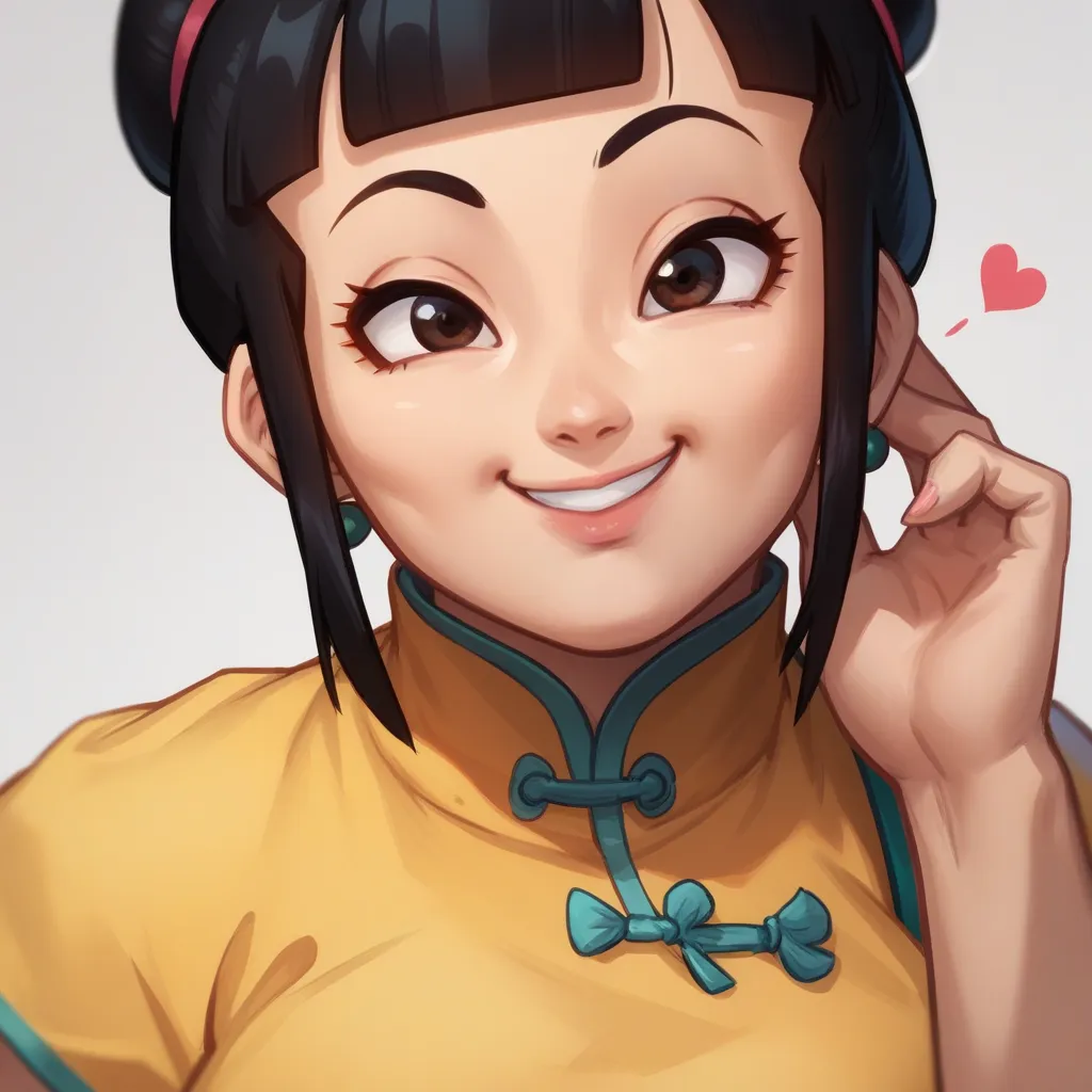 Chichi from dragon ball, yellow dress, Chinese outfit,  Thinking, smile, Face