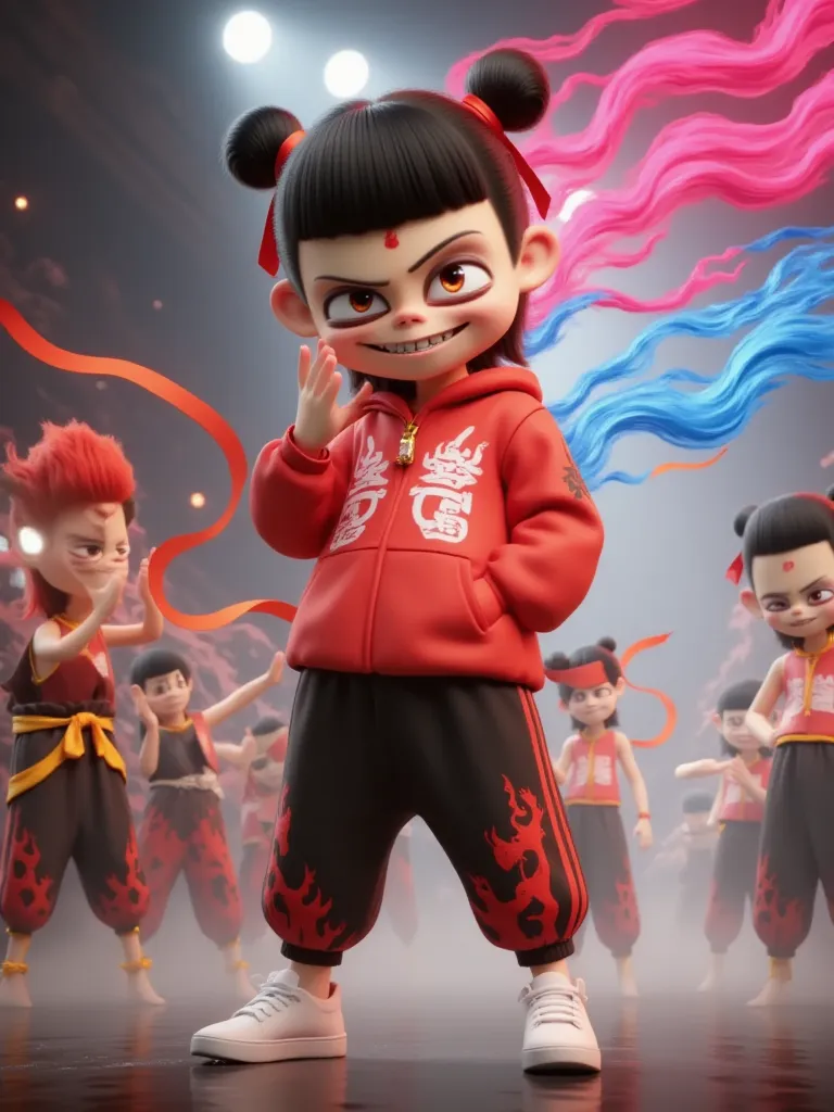 nezha is dressed in a cool red hoodie with stylish prints, paired with black jeans and matching white sneakers. he is modeling on a fashion runway with bright lights and cheering crowds.