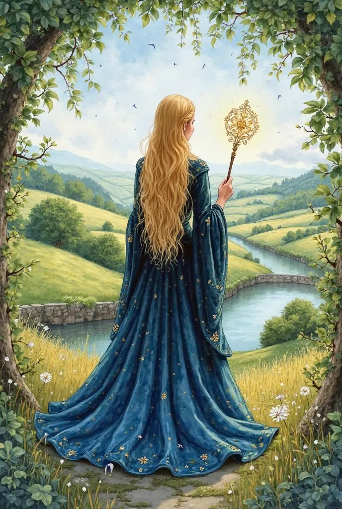  watercolor,1 woman, back view, England,illustrations, I'm wearing a blue and black robe,holding a magic wand,Highest quality, hair, 金hair,  England,fantasy, watercolor