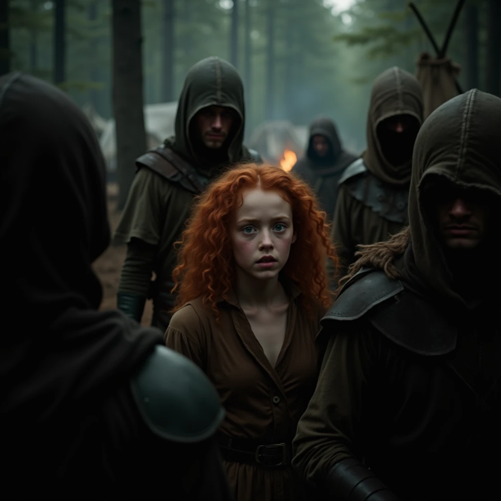 16-year-old girl with curly red hair being taken prisoner by 5 medieval thugs at a forest camp , photo 5