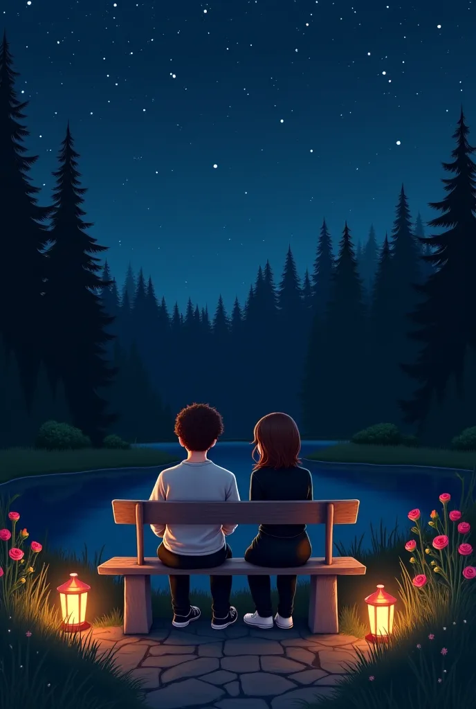 the night sky is full of stars and a full month, a coniferous forest in the middle of which is a small meadow with a lake near which bush roses grow. not far from the lake itself, there is a stone bench on the side of which there are small bushes and on ei...