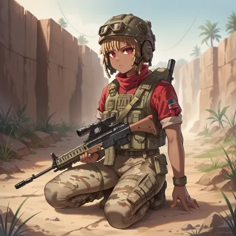 A sexy displa of,a seductive atmosphere, full_body display, seduction, , revealing outfit, seductive eyes, detailed fa body suit  , african hair  red , gauntlet  , pantyhose ,  gold hair ,red eye, holding assault rifle,  full tactical vest , tach  ,tactica...