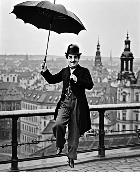 Chaplin flying with an umbrella,background(Dresden cityscape)