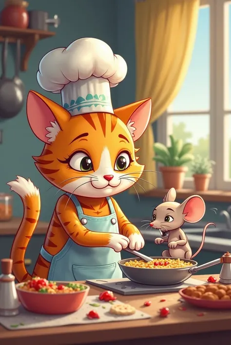 Make me a cat cooking with a cartoon mouse