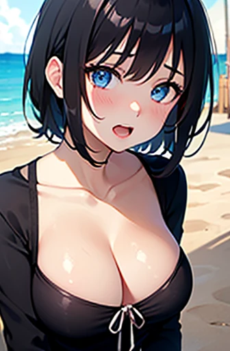 (masterpiece, best quality、super detailed skin:1.3)、 1 girl、Blue Eyes、cute、 black hair、black naked shirt,cleavage,bottomless,(short hair)、(macro shot)、 sandy beach、Painting、(naughty1.1)、(open mouth:1.2)、 (love juice:1.2)、(steam:1.1)、(perspired:1.1)、(front ...