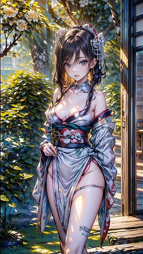 ((masterpiece, highest quality: 1.2), 1 girl, 12 people, 1 person, long straight black hair, enjoying a fan, western ridge, wall, lattice, clothesline, hallway, Japanese garden, ((Heian period odd-eyed beauty)), ((heterochromia, red eyes, green eyes)), ((s...